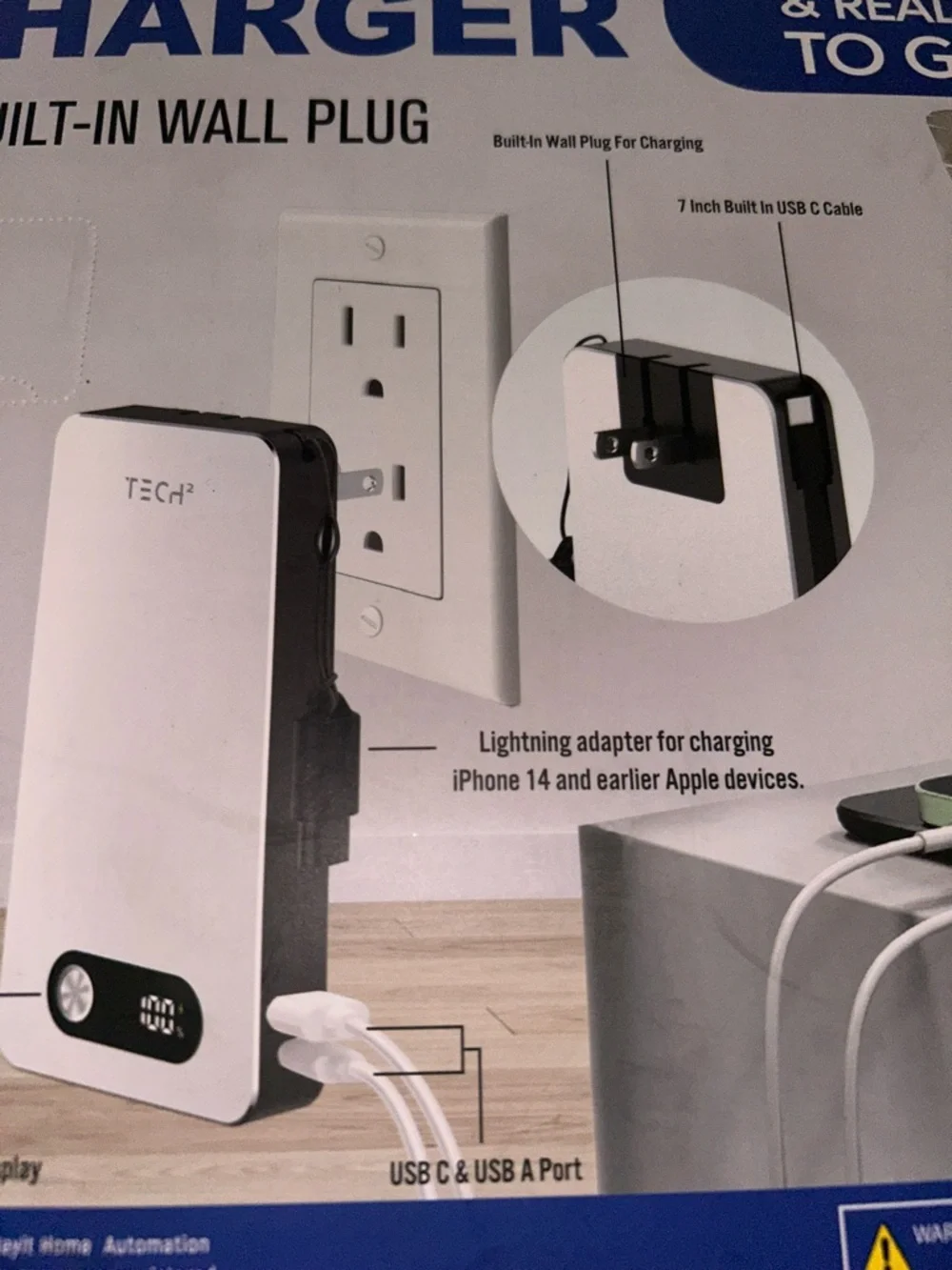 Portable Charger Power Bank with Built-In Cable and Wall Plug - Silver